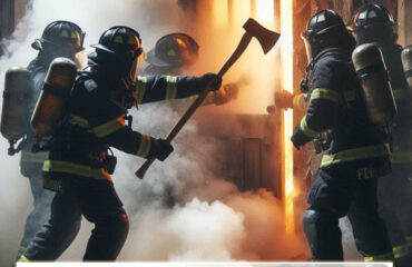 Pompiers qui ouvre une porte en la cassant Pompiers ouverture de porte